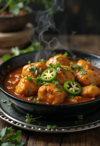 Karahi csirke, gazdag fűszerekben és joghurtban, friss korianderrel tálalva