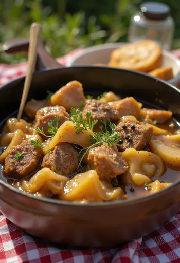 Karjalanpaisti tálalva főtt burgonyával