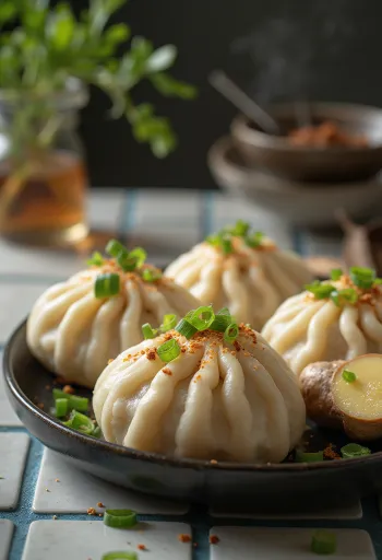 Kínai baozi gőzgombóc ötfűszeres sertéshúsos töltelékkel, bambuszgőzölőben tálalva