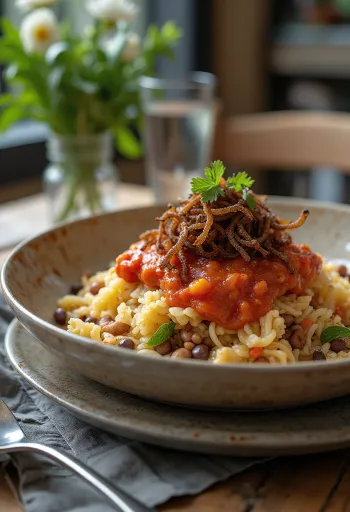 Klasszikus Koshari, egyiptomi étel rizsből, lencséből és makaróniból, gazdag paradicsomos szószban