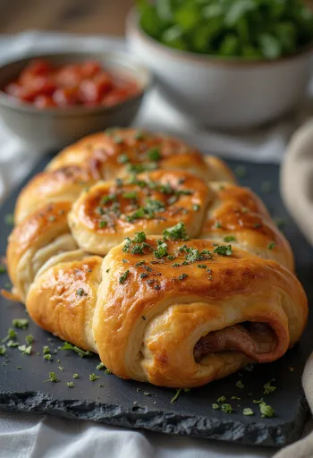 Klasszikus Stromboli tálalva, gazdag sonkával, pepperonival és olvadt mozzarellával, kívül ropogós és belül puha.