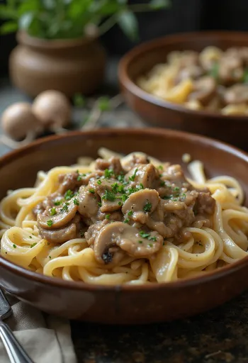 Marha stroganoff rizstésztával tálalva