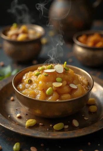 Moong Dal Halwa gazdag fűszeres ízekkel, pörkölt dióval és rózsavízzel.