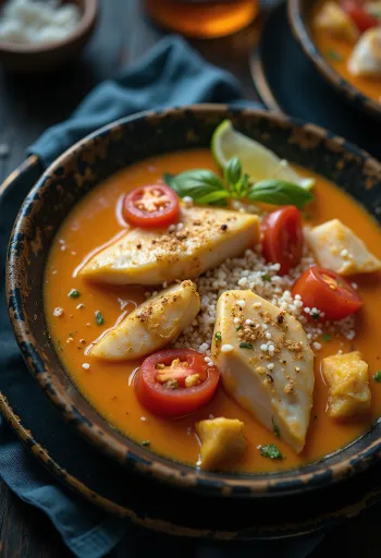 Moqueca korianderrel, gazdag halas curry kókusztejjel, korianderrel és lime-mal