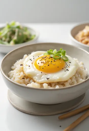 Onsen Tamago tálalva tojásos rizs mellett, zöldhagymával és szezámmaggal díszítve