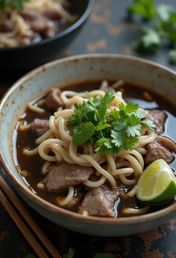 Pho szójaszósszal tálalva, gazdag leves friss korianderrel és lime szeletekkel.