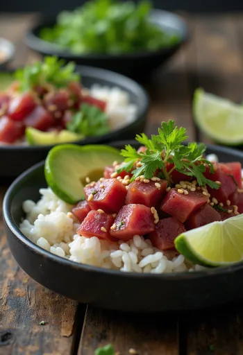 Poké bowl tonhallal, friss avokádóval és uborkával tálalva