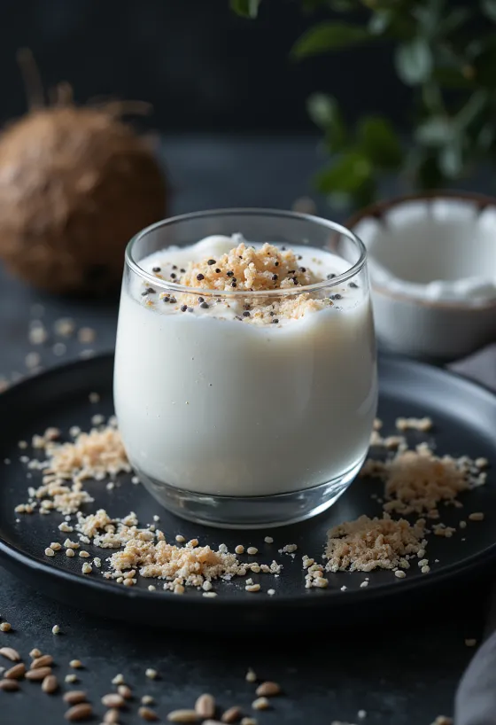 Probiotikus kókuszos kefir pohárban, reszelt kókusszal a tetején