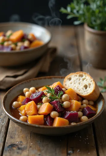 Puchero vegano tálalva, friss petrezselyemmel díszítve
