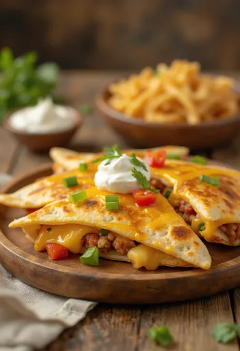 Sajttal és zöldségekkel töltött quesadilla szeletek tálalva