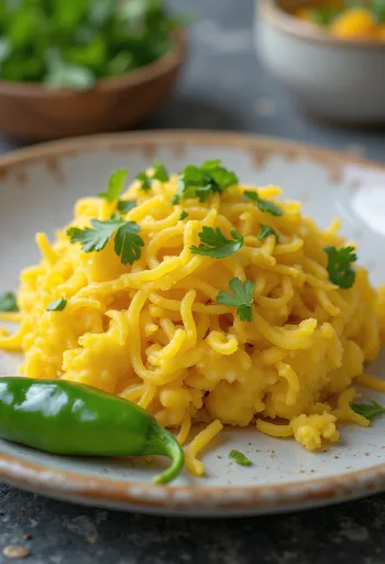 Sev khamani dhokla, ropogós sev-vel és joghurttal tálalva