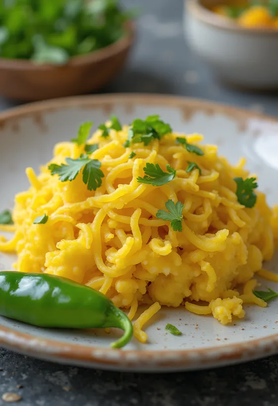 Sev khamani dhokla, ropogós sev-vel és joghurttal tálalva