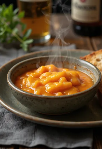 Sörös cheddar paradicsomszósz tálalva