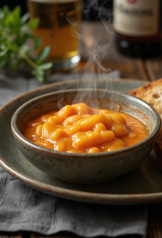 Sörös cheddar paradicsomszósz tálalva