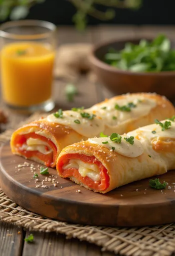 Stromboli paprikával tálalva, gazdag paprikával és olvadt mozzarellával a tetején, kívül ropogós és belül puha.