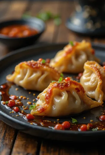 Szechuan Gyoza szójaszószos tálalásban