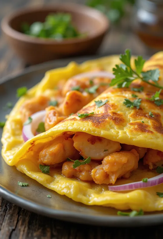 Tandoori csirke omlett tálalva, friss korianderrel díszítve