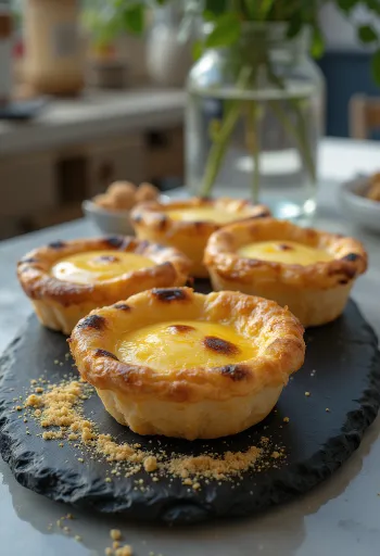 Tarte de nata leveles tésztával tálalva