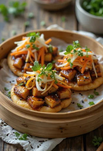 Teriyaki tofuval töltött bao bun tálalva