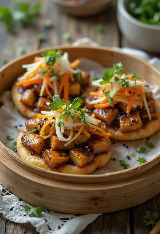 Teriyaki tofuval töltött bao bun tálalva