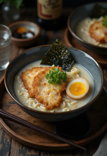 Tonkatsu ramen tál, sült sertéshússal és tojással tálalva