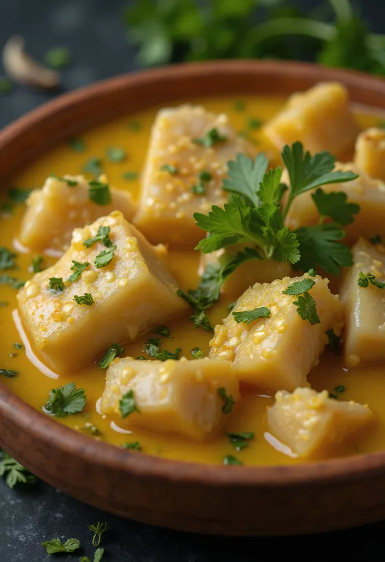 Vatapá de peixe com alho, krémes kókusztejben főtt hal, lime levével és korianderrel tálalva