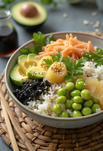 Vegán szusi bowl zöldségekkel és szezámmaggal