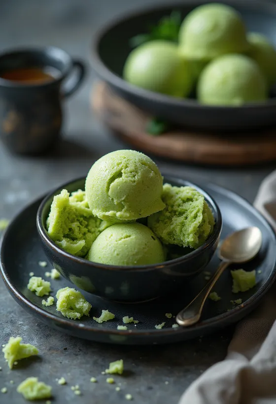 Zöld tea sorbet házi készítésű frissítő desszert