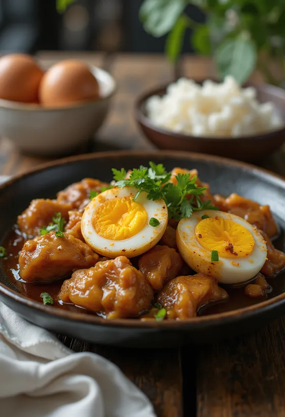 Adobo tojással tálalva, csirke és tojás egyesítve ínycsiklandó ételként.