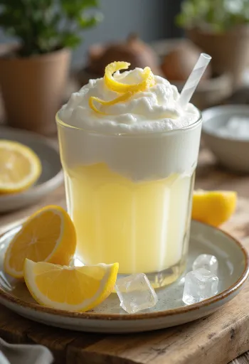Ayran citromlével, pohárban tálalva, friss és hűsítő.