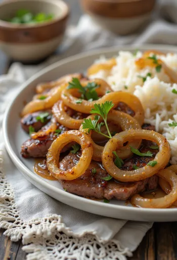 Bistec Encebollado latin-amerikai hagymás steak tálalva