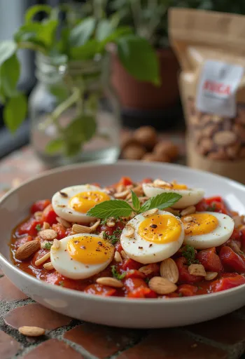 Caponata paprikával és mandulával tálalva, rusztikus tálban