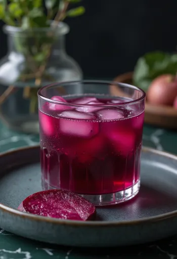 Cékla juice magas pohárban, friss zöldségekkel és gyümölcsökkel díszítve