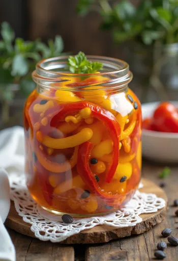 Édes-savanyú savanyított pimento paprika tálalva üvegben