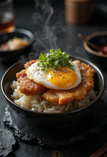 Katsu Don tálalva, ropogós sertéshússal és zöldhagymával