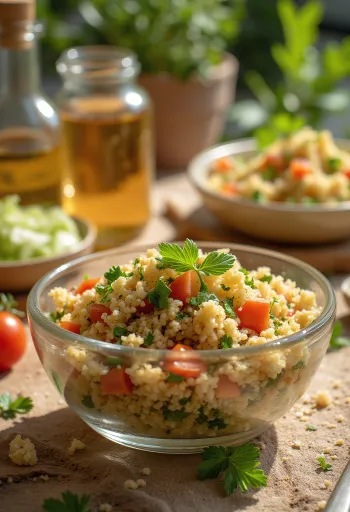 Tabbouleh saláta apróra vágott petrezselyemmel, paradicsommal, bulgurral és citrommal tálalva