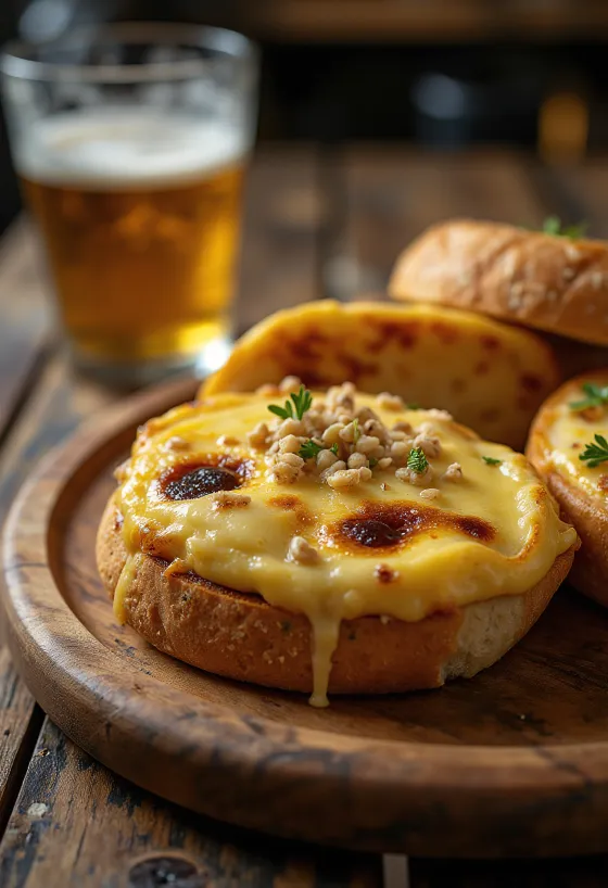 Klasszikus Welsh rarebit sajtos szószban, pirítós kenyér tetején