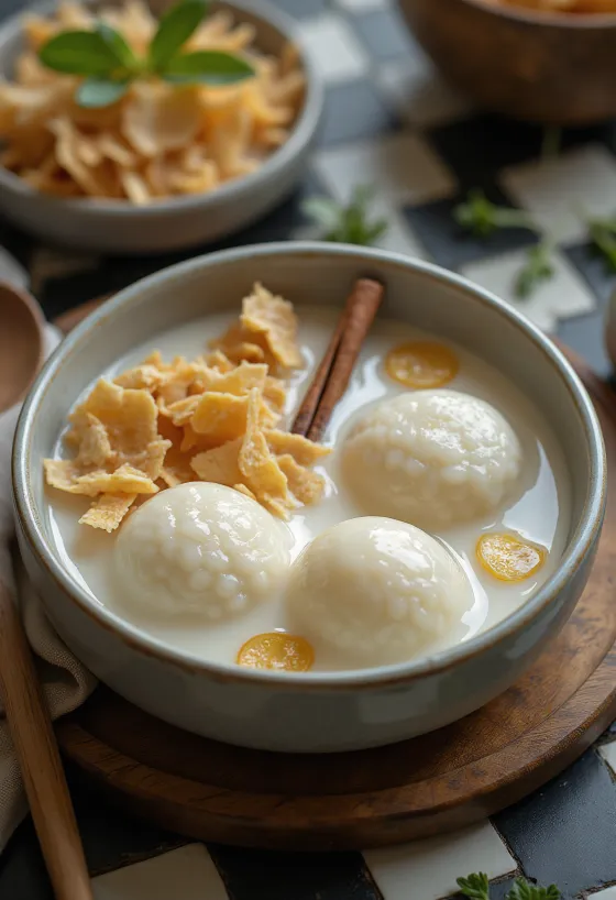 Kókuszos Tangyuan tálalva, friss kókuszreszelékkel és szezámmagolajjal