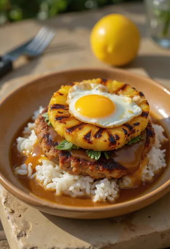 Loco Moco sült ananásszal, rizs, húspogácsa, tojás és sült ananász szeletekkel tálalva