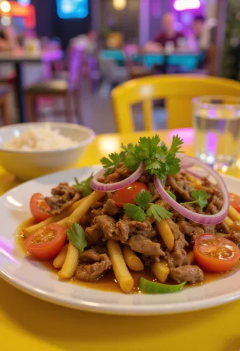 Lomo saltado lime-mal, perui étel, marhahússal, paradicsommal és sült krumplival