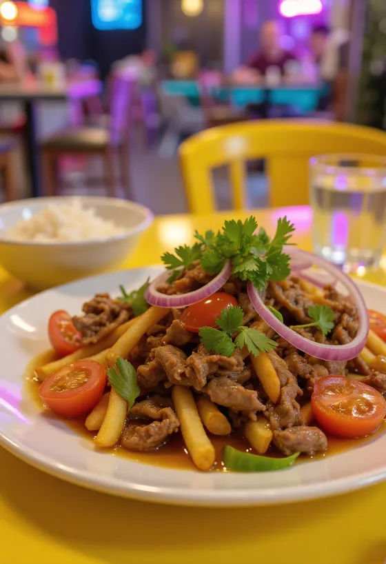 Lomo saltado lime-mal, perui étel, marhahússal, paradicsommal és sült krumplival