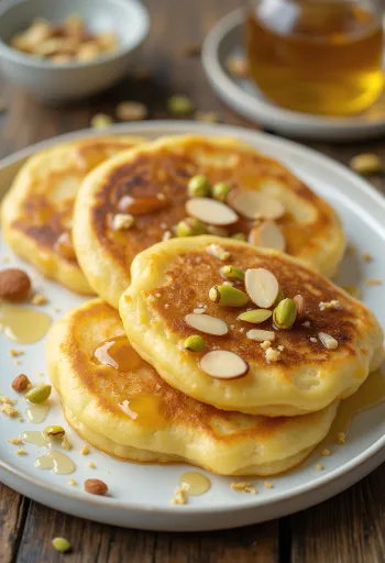 Malpua pancake mézzel és pisztáciával tálalva