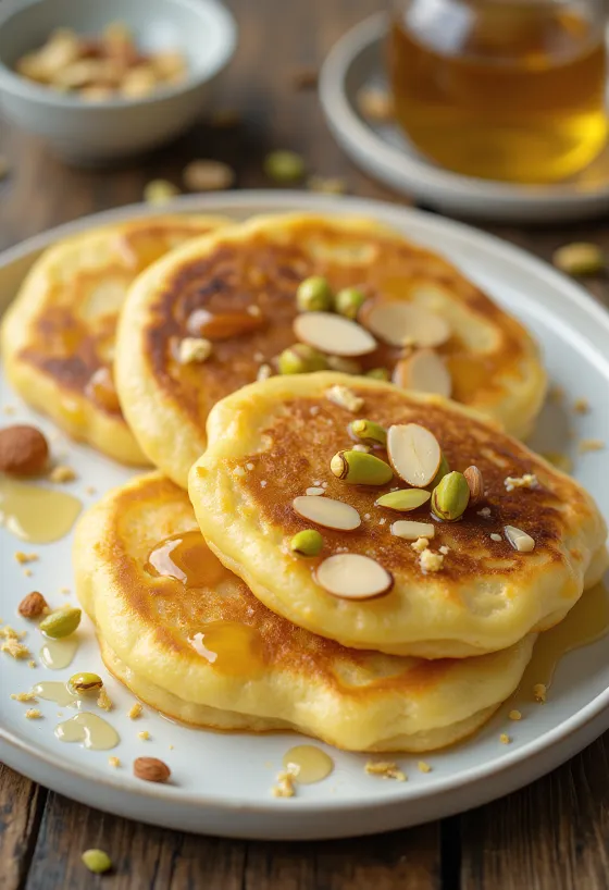 Malpua pancake mézzel és pisztáciával tálalva