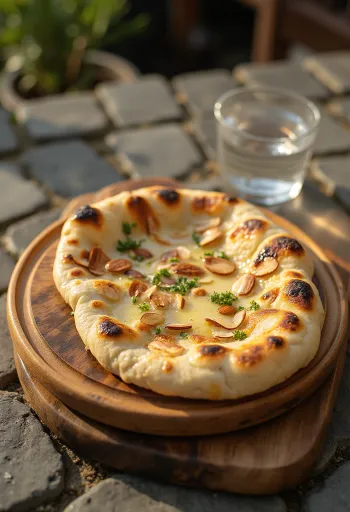 Mandulás naan kenyér tálalva