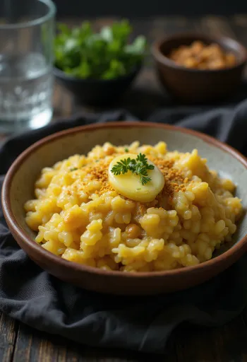 Moong dal khichdi tálban, friss korianderrel díszítve