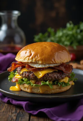 Óriás hamburger rengeteg sajttal, húspogácsával és extrém méretű feltétekkel