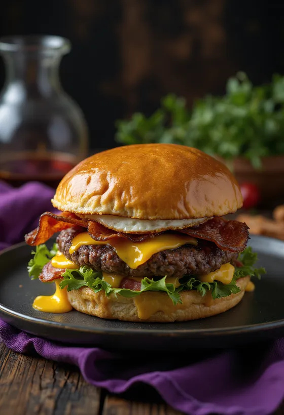 Óriás hamburger rengeteg sajttal, húspogácsával és extrém méretű feltétekkel