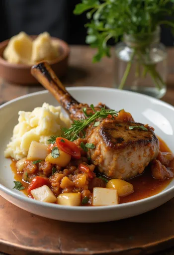 Osso buco tálalva burgonyapürével és friss petrezselyemmel