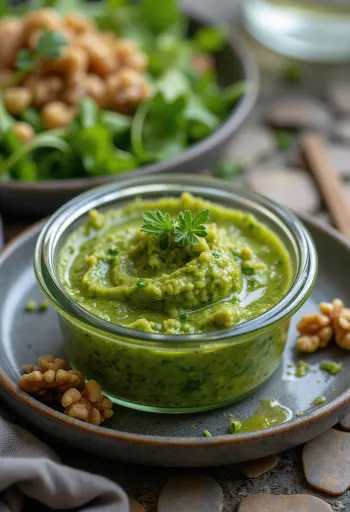 Pesto rukkolával és dióval, friss és zöld szósz tálalva