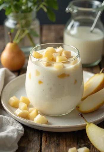 Probiotikus körtés kefir poharakban, friss körtedarabokkal tálalva